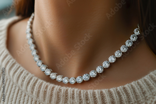 Close up of stunning diamond riviera necklace worn by young woman in casual autumn sweater