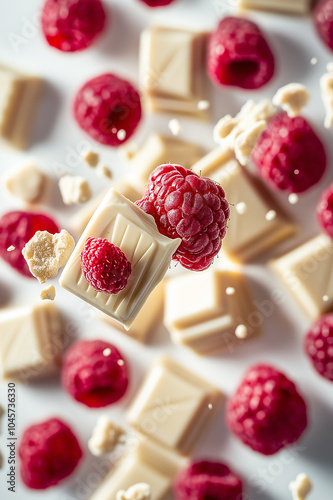 Close-up of white chocolate with raspberries, perfect for dessert presentations, food photography, and culinary projects, representing gourmet sweets, luxury treats, and indulgent flavor combinations. photo