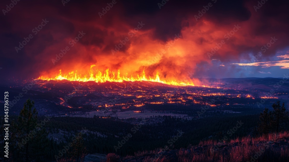 Wildfire Burning Through Forest Landscape at Night Wildfire Burning Through Forest Landscape at Night