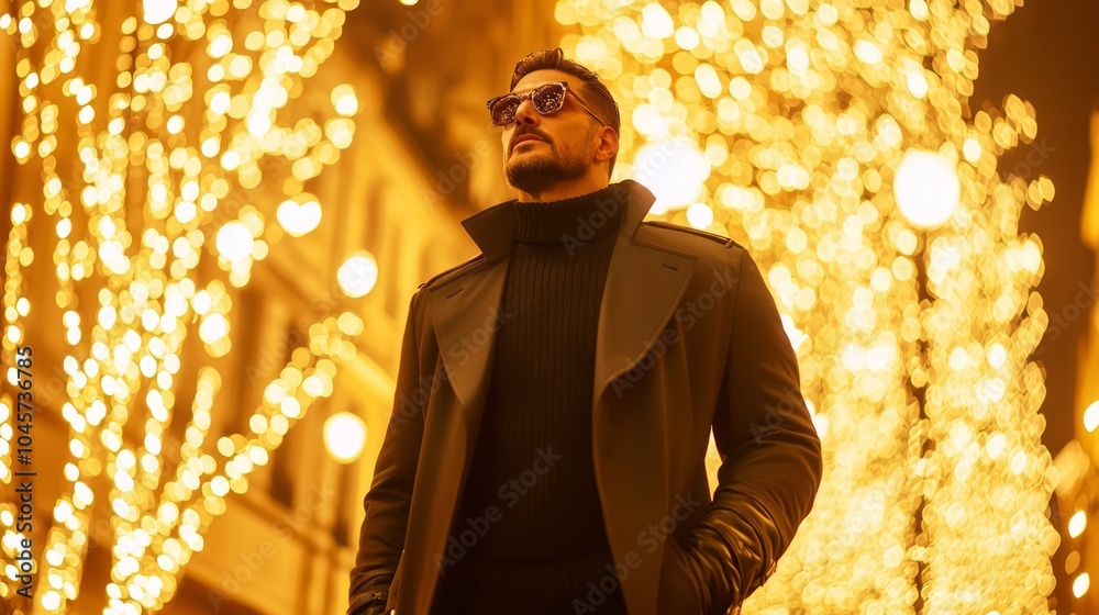 Confident Man Walking Through Trendy Neighborhood with Holiday Lights, Ultra-Detailed Urban Street Shot Confident Man Walking Through Trendy Neighborhood with Holiday Lights, Ultra-Detailed Urban Street Shot