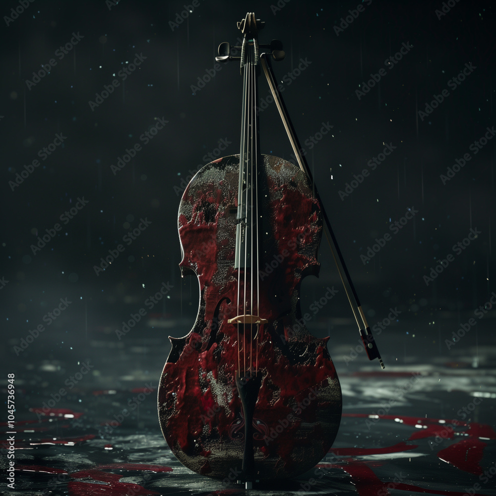 Fototapeta premium Rustic Violin in Rainy Night Setting 
