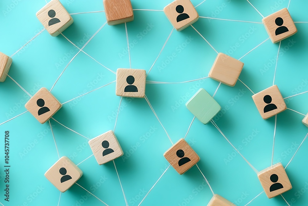 Interconnected People Wooden Blocks Network on Blue Background Interconnected People Wooden Blocks Network on Blue Background