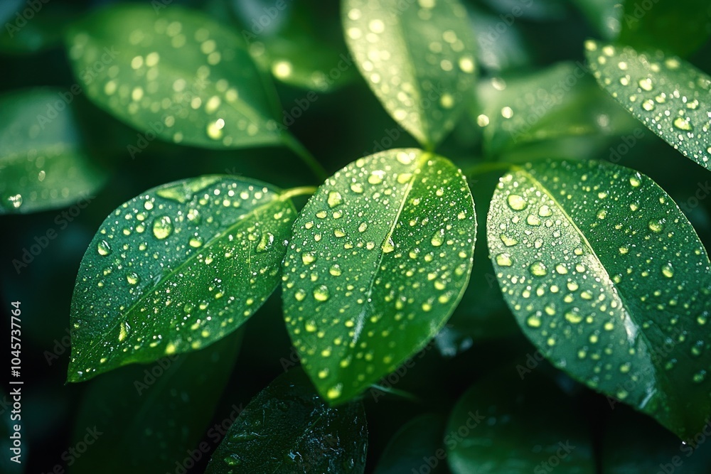 Close-up of green leaves with water droplets, showcasing nature's beauty and freshness. Close-up of green leaves with water droplets, showcasing nature's beauty and freshness.