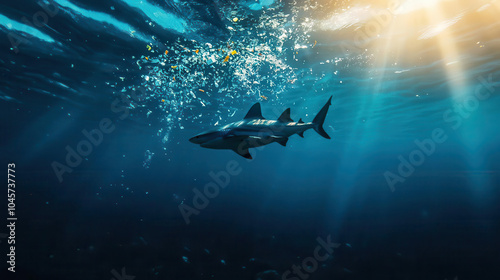 Underwater shot of a shark swimming through a polluted sea filled with microplastics, showing the global issue of ocean contamination Isolated deep blue water background