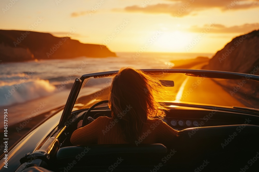 Naklejka premium A serene sunset drive by the ocean. A convertible car shows the beauty of nature. Feel the breeze and freedom on this coastal road. Generative AI