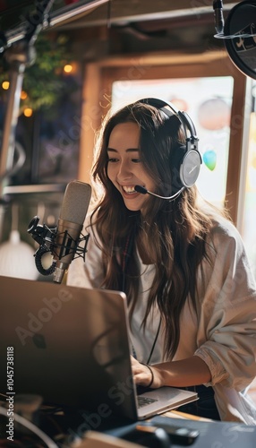Happy influencer in a home studio, confidently greeting audience while recording a live broadcast