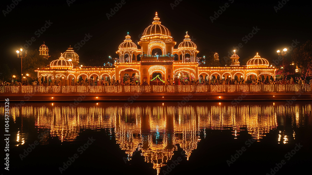 Fototapeta premium A temple beautifully illuminated with lights and decorations for Diwali