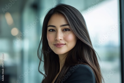 Young professional woman posing confidently in an office setting. She has long dark hair and a warm smile. Stylish and modern vibe for business stock imagery. Generative AI