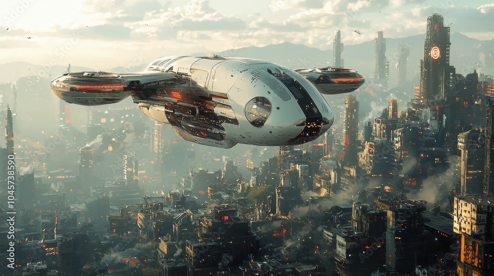 Futuristic Cityscape with Flying Ship and Skyscrapers Futuristic Cityscape with Flying Ship and Skyscrapers