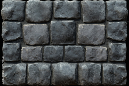 Close-up of rough dark stone wall texture, representing durability, strength, and industrial design, perfect for construction, architecture, and rustic design inspiration. photo