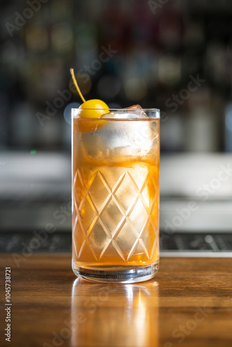 Highball glass with alcoholic cocktail decorated with a yellow cocktail apple served on counter of bar on blurred background with bokeh. Vertical photo