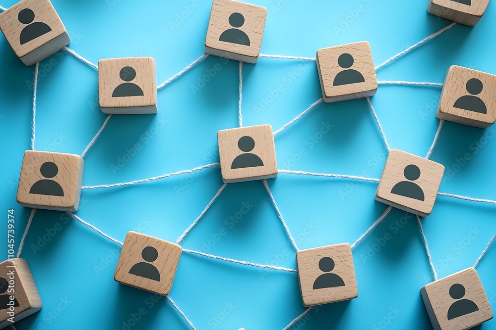 Interconnected Wooden Blocks with Person Icons Representing Networked Team Collaboration Interconnected Wooden Blocks with Person Icons Representing Networked Team Collaboration