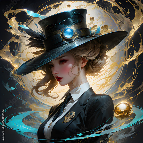 The painting portrays a captivating female hard-boiled detective clad in noir-style attire, complete with a distinctive pork pie hat. Set against the dramatic backdrop of an ethereal eclipse, her ever photo