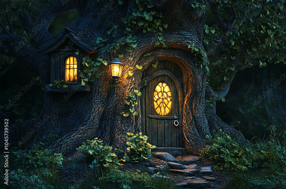 Magical forest featuring an enchanting tree with a door and lanterns Magical forest featuring an enchanting tree with a door and lanterns