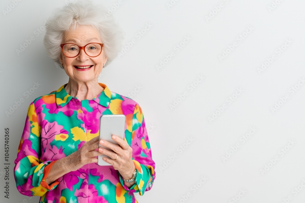Elderly woman in colorful blouse joyfully engaging with smartphone in bright, spacious setting Elderly woman in colorful blouse joyfully engaging with smartphone in bright, spacious setting