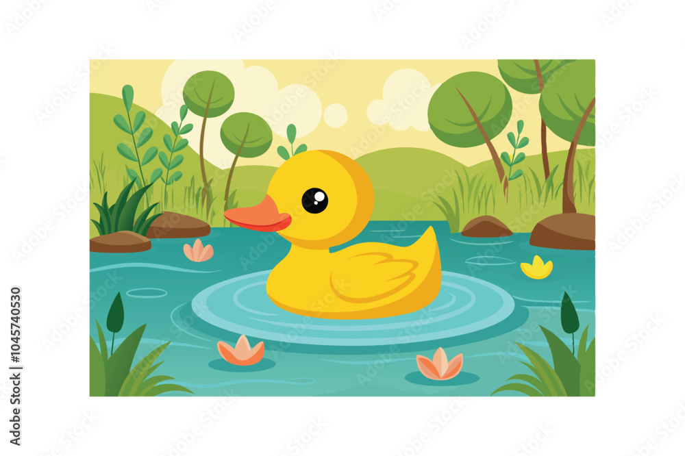 Obraz premium Cute duck swimming on the pond vector art illustration.