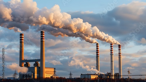 Industrial smokestacks release plumes of smoke into a cloudy sky at sunset. photo