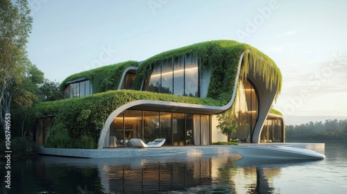 Modern Green Roofed House on Waterfront with Boat photo