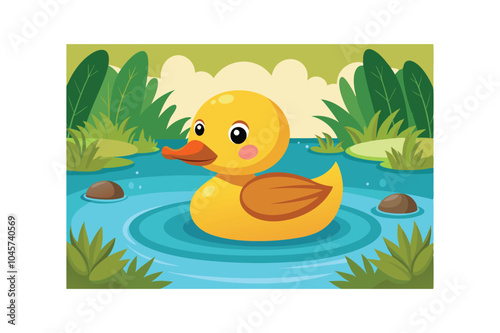  Cute duck swimming on the pond vector art illustration.