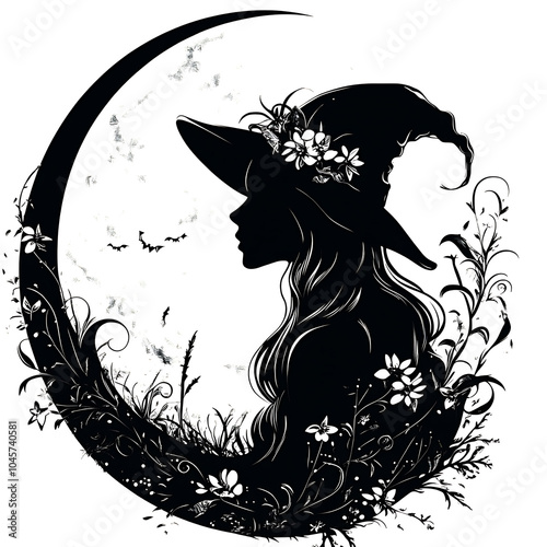 A silhouette of witch in hat, adorned with floral designs, is beautifully framed within crescent moon. This enchanting image evokes sense of mystery and magic photo