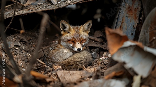 Emaciated and vulnerable fox curled up in a desolate abandoned human campsite highlighting the animal s struggle for survival in a decaying forgotten environment photo