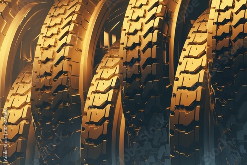 Golden Tires Displayed in an Industrial Abstract Setting photo