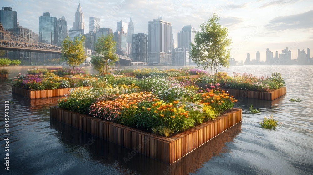 Fototapeta premium Floating Gardens in Urban Skyline Cityscape with Flowerbeds and River