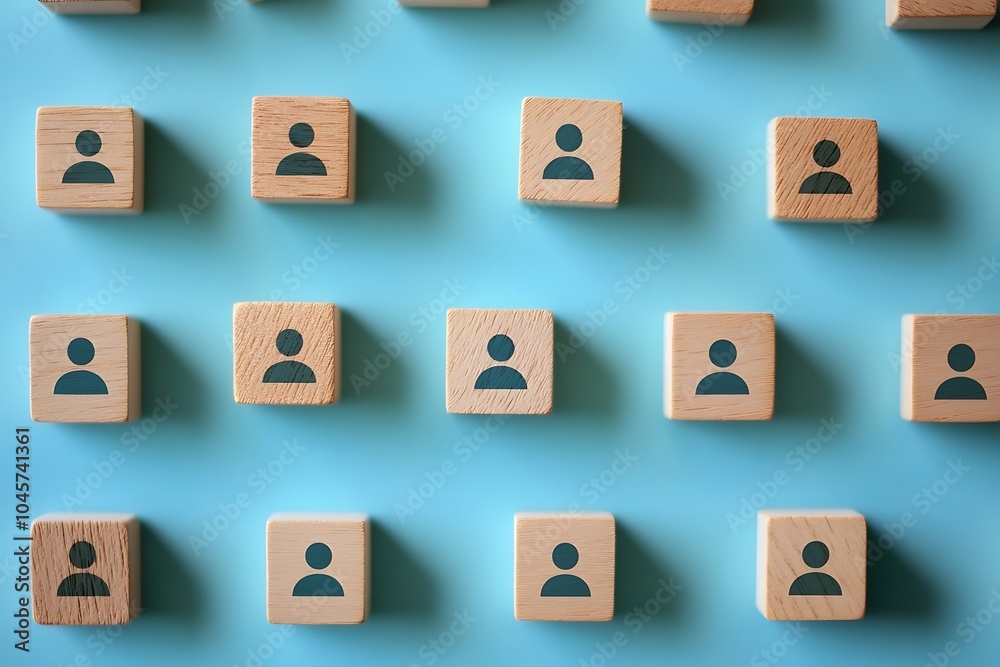People Icons on Wooden Cubes in a Pattern on Blue Background People Icons on Wooden Cubes in a Pattern on Blue Background
