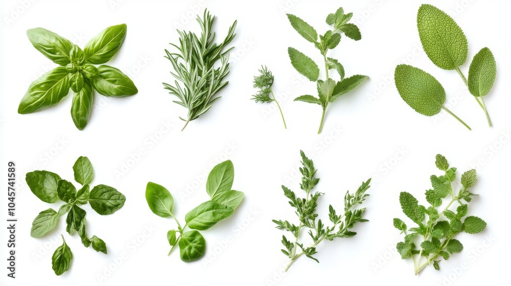 An assortment of fresh herbs, including basil, rosemary, oregano, thyme, and sage, arranged on a white background. An assortment of fresh herbs, including basil, rosemary, oregano, thyme, and sage, arranged on a white background.