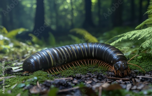 An Arthropleura emerges from the dense, verdant undergrowth of the forest, its imposing form and distinctive markings commanding attention photo