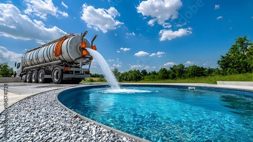 Filling an Empty Pool with Water from a Large Tanker Truck  The image shows a construction site with an empty pool being filled with water from a large industrial tanker truck photo