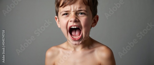 Angry boy screaming with open mouth on neutral background

 photo