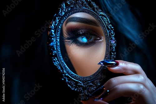 Dark, gothic figure looking at their reflection in an ornate mirror, symbolizing the acceptance of their true self through self-love in a shadowy, dramatic setting