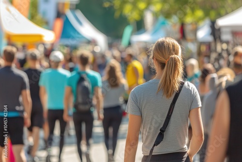 A crowd of people walking on the street during a fitness festival, men and women in their thirties to mid-fifties wearing casual Generative AI