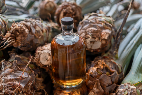 Canvastavla La botella de tequila está al lado de plantas de agave en la fabrica