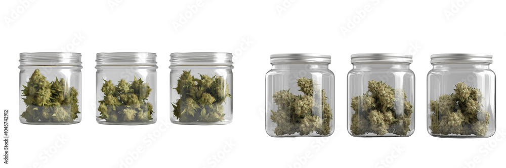 Set of a Cannabis buds in glass jars, isolated on a transparent background. Set of a Cannabis buds in glass jars, isolated on a transparent background.