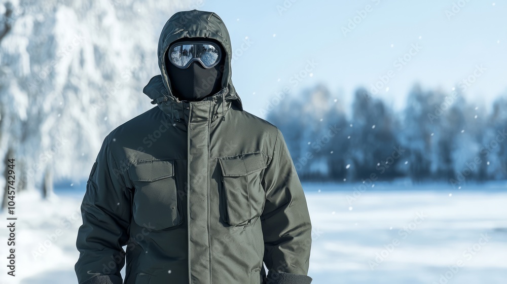 Man in Stylish Winter Attire Standing by Frozen Lake in Beautiful Winter Scene