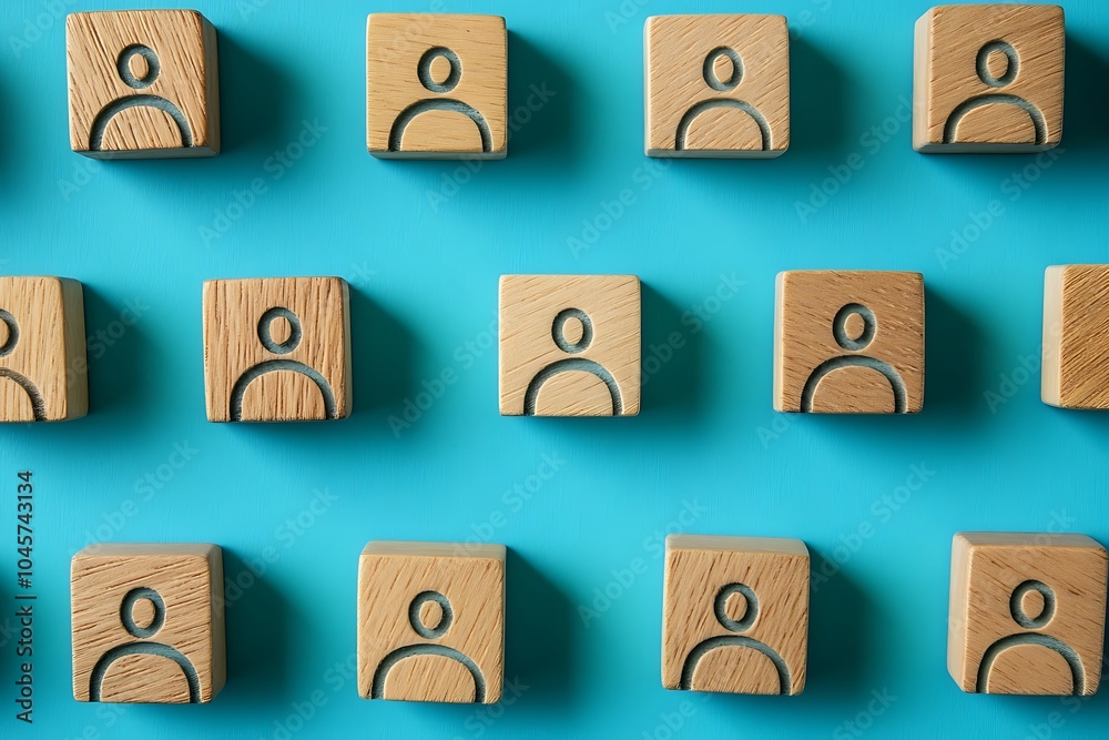 Obraz premium Symmetrical Wooden Blocks with People Icons on Blue Background