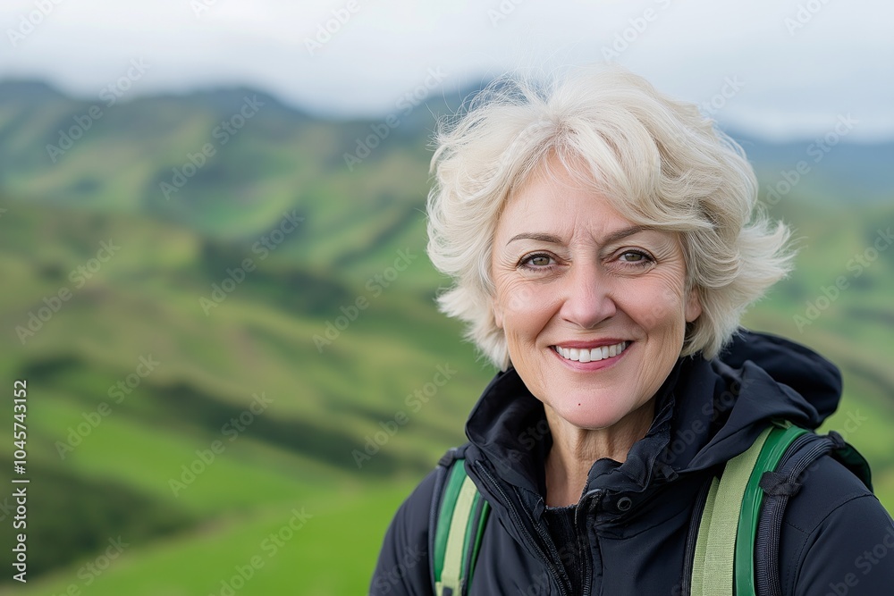 Elderly woman smiling in hiking gear against a beautiful mountain landscape in bright daylight Elderly woman smiling in hiking gear against a beautiful mountain landscape in bright daylight