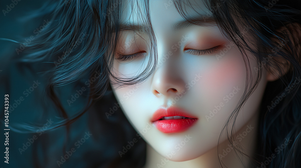 A close-up portrait of a young Korean woman with flowing hair, softly illuminated, expressing serenity and beauty in a tranquil setting A close-up portrait of a young Korean woman with flowing hair, softly illuminated, expressing serenity and beauty in a tranquil setting