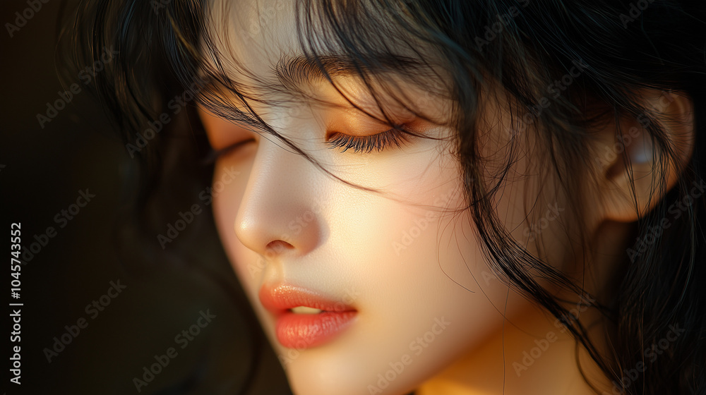 A young Korean woman with closed eyes enjoying the warm sunlight, capturing a peaceful moment in a serene setting