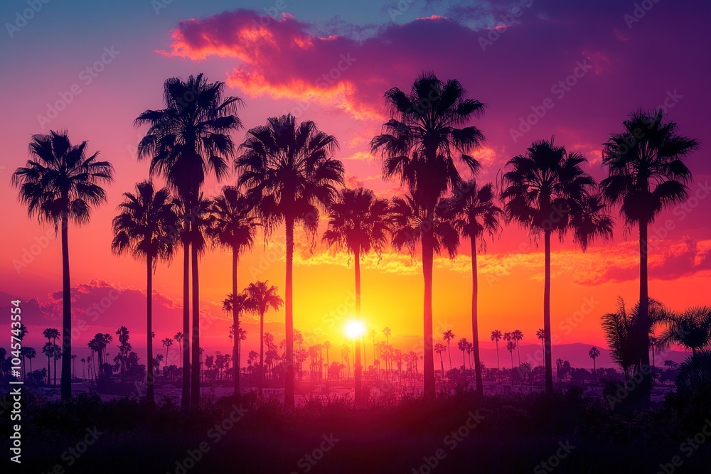 A vibrant sunset behind silhouetted palm trees, creating a serene and picturesque landscape. A vibrant sunset behind silhouetted palm trees, creating a serene and picturesque landscape.