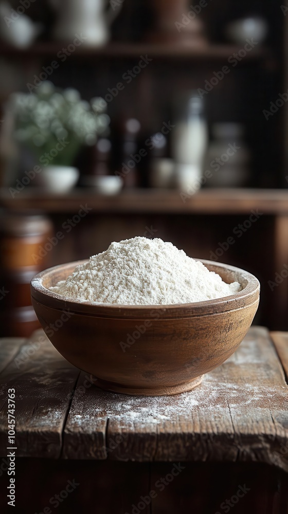 a bowl of white flour sits on a rustic wooden table highlighting the fine texture and purity of the ingredient in a warm inviting kitchen setting
