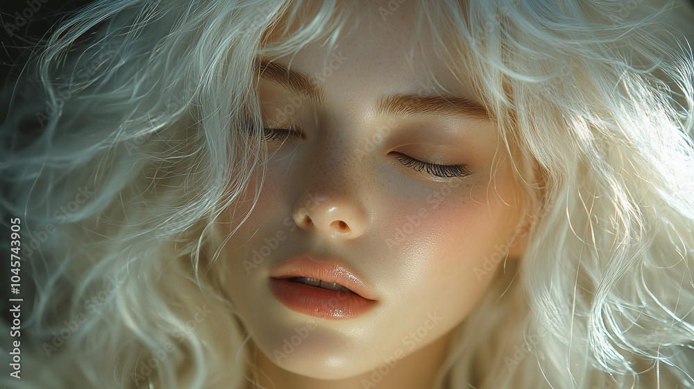 A young Korean woman with striking features and soft curls experiences a peaceful moment, capturing tranquility and beauty in serene light