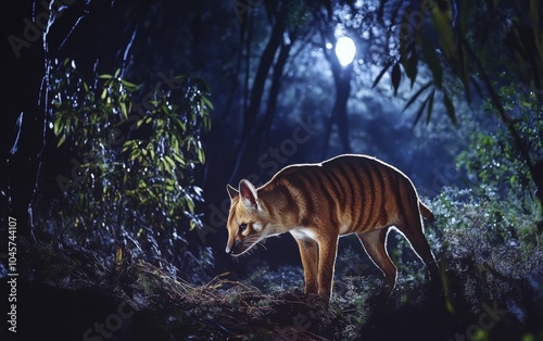 A Thylacine, the elusive Tasmanian tiger, emerges cautiously from the mist-shrouded undergrowth, its distinctive stripes and piercing gaze commanding a sense of awe and reverence within the ancient photo