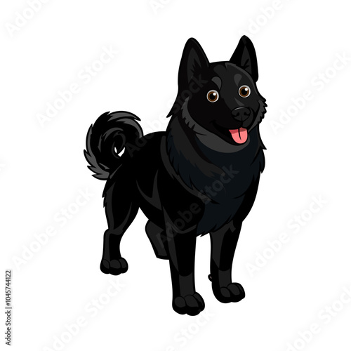 Black Norwegian Elkhound dog breed vector illustration isolated on white background in cartoon style.