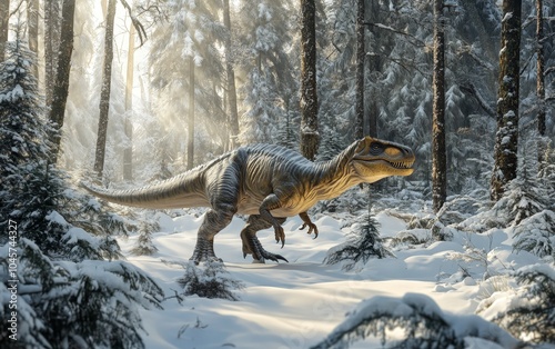 A massive Yutyrannus, a feathered tyrannosaurid, strides purposefully through the snow-laden undergrowth of a serene, winter-kissed forest, its powerful frame and sharp claws photo