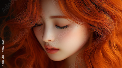 A serene moment of a Korean girl with wavy red hair embracing tranquility in soft, natural light