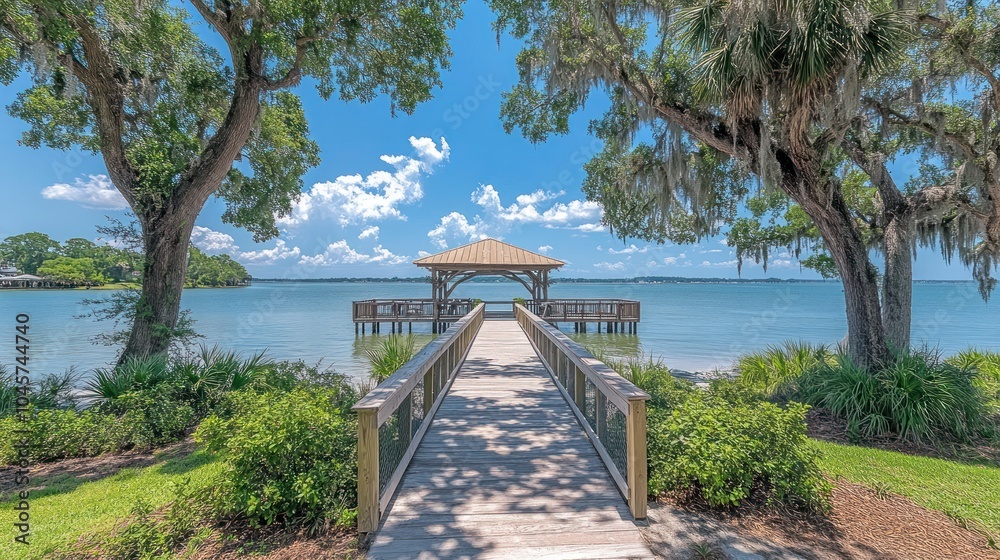 Wooden walkway leads to gazebo on a lake. Wooden walkway leads to gazebo on a lake.