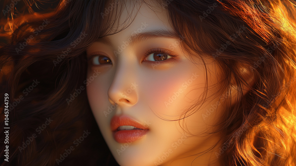 A beautiful Korean woman with wavy hair poses gracefully outdoors during golden hour, showcasing radiant skin and captivating features A beautiful Korean woman with wavy hair poses gracefully outdoors during golden hour, showcasing radiant skin and captivating features